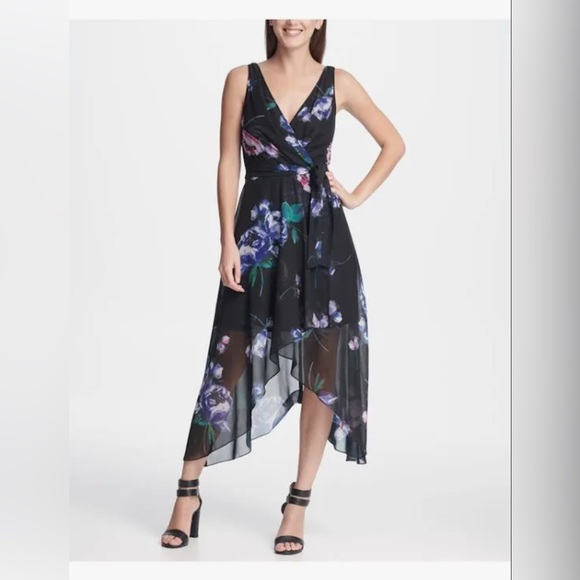 Dkny Womens Dresses Dkny Black Floral Sleeveless V Neck Midi Party Sheath Dress - Picture 1 of 6
